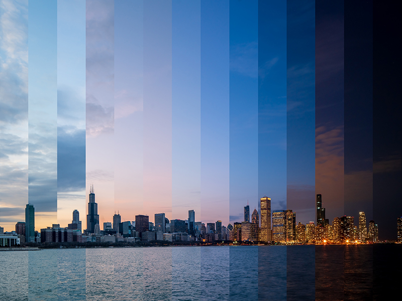 Day to night transition of Chicago cityscape from Adler Planetarium - Feb 2020